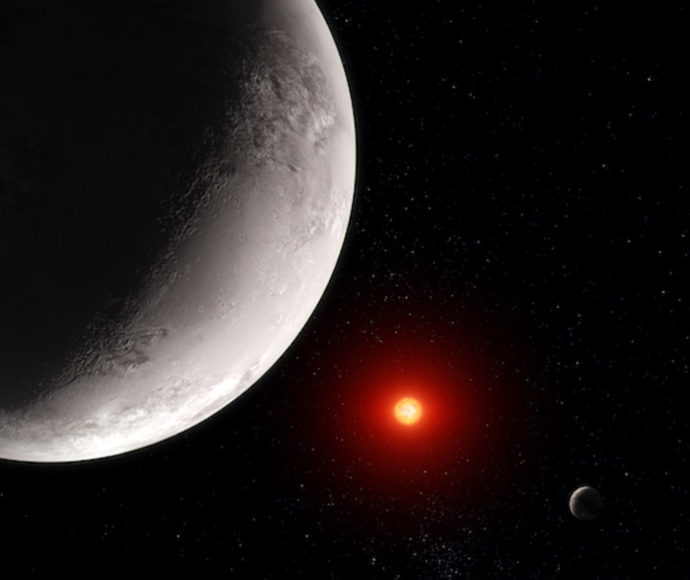 Artist’s concept depicts a hypothetical Earthlike planet orbiting a distant red dwarf star