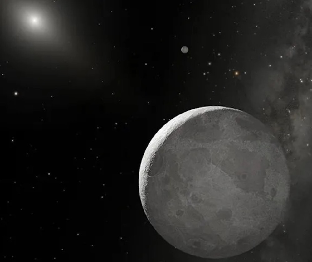 Artist’s concept of the dwarf planet called Eris, with its single known moon – called Dysnomia – nearby