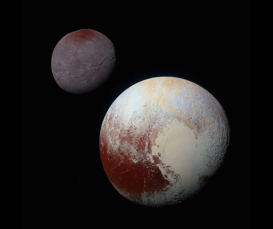 The New Horizons spacecraft imaged Pluto (lower right) and Charon (upper left) up close in 2015