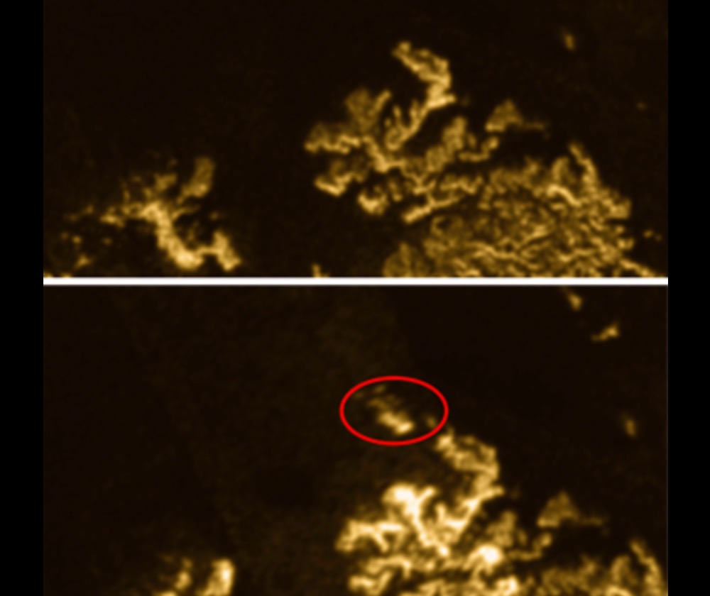 Cassini radar images of Ligeia Mare show a cluster of features appearing and then disappearing in the hydrocarbon sea