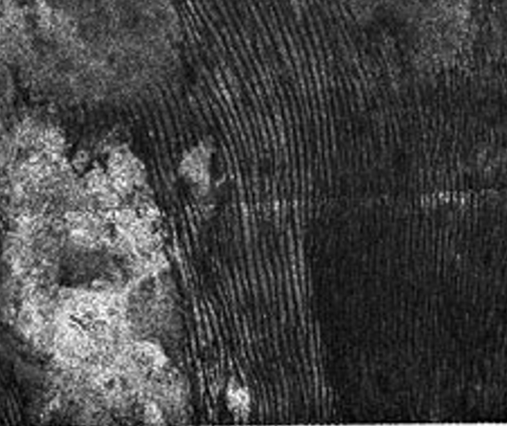 This radar image of dunes on Saturn’s moon, Titan, was captured in 2009 by NASA’s Cassini spacecraft