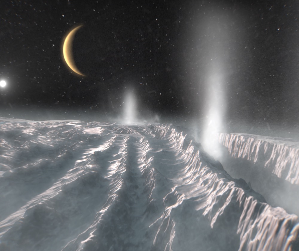 An artist's impression of water plumes spewing out of the tiger stripes on Enceladus