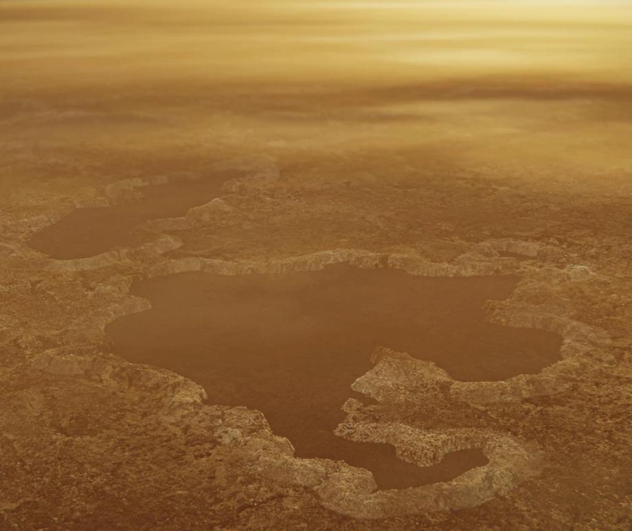 This artist's concept of a lake at the north pole of Saturn's moon Titan illustrates raised rims and rampart-like features as seen by NASA's Cassini spacecraft