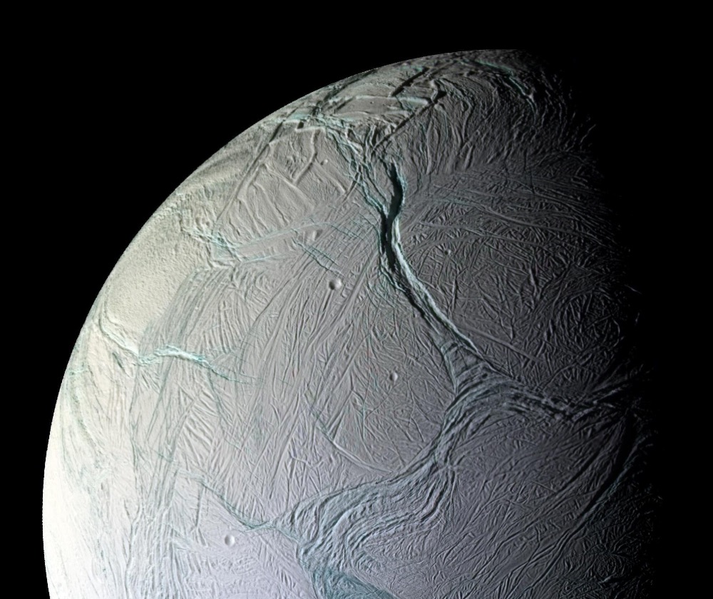 On Oct. 9, 2008, just after coming within 25 kilometers (15.6 miles) of the surface of Enceladus, NASA's Cassini captured this stunning mosaic as the spacecraft sped away from this geologically active moon of Saturn