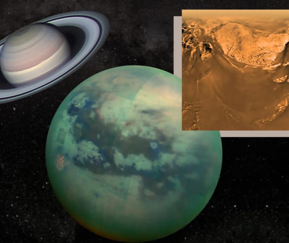 (Main) An illustration of a ringed planet and a mottled green orb (Inset) a wrinkled mountain range seen from overhead