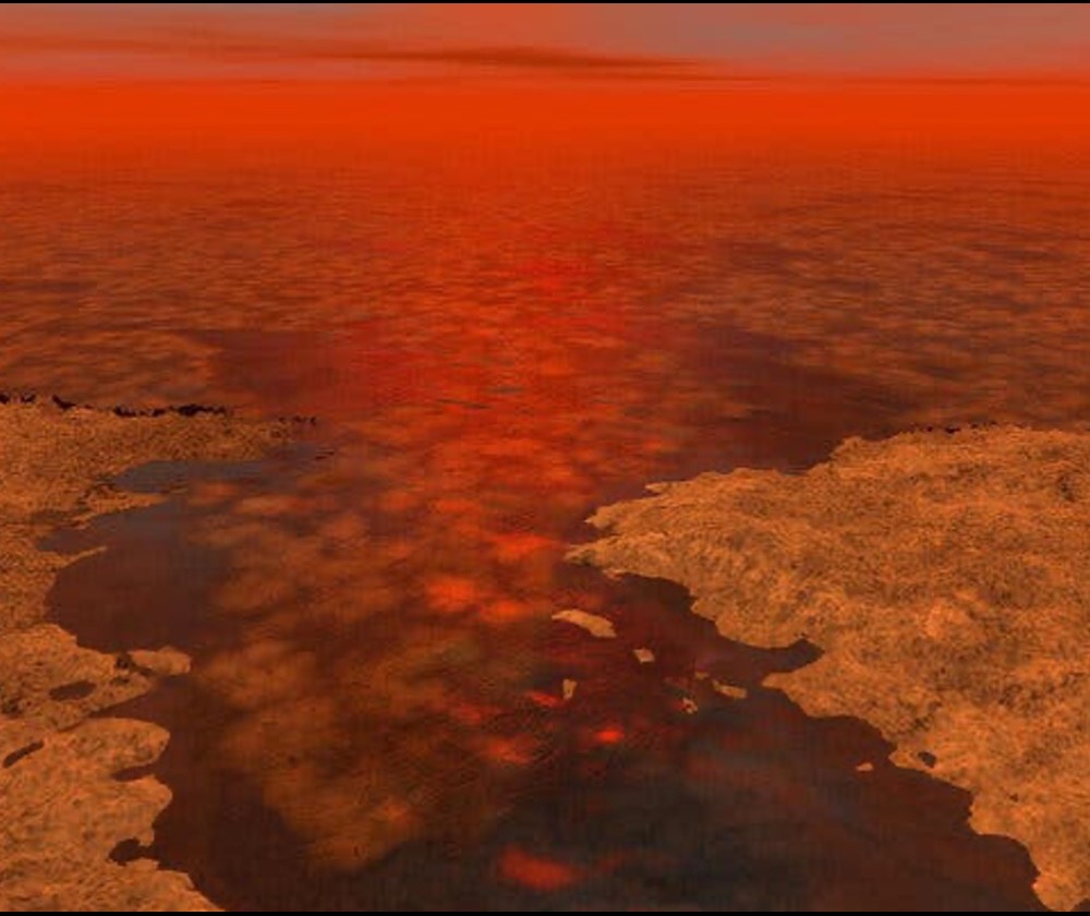 An artist’s concept envisioning what hydrocarbon ice forming on a liquid hydrocarbon sea of Titan might look like