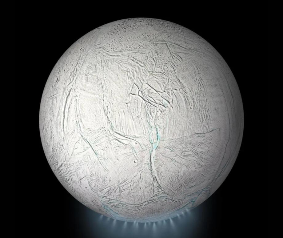 his illustration shows Saturn's icy moon Enceladus, with plumes of water vapor, ice particles and organic molecules erupting from fractures near its south pole