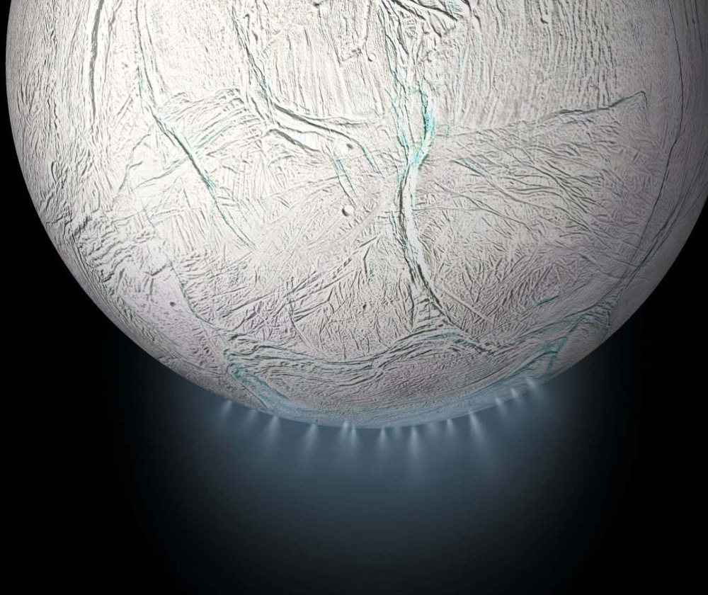 Illustration of Saturn’s moon Enceladus with plumes of ice erupting from the south polar region