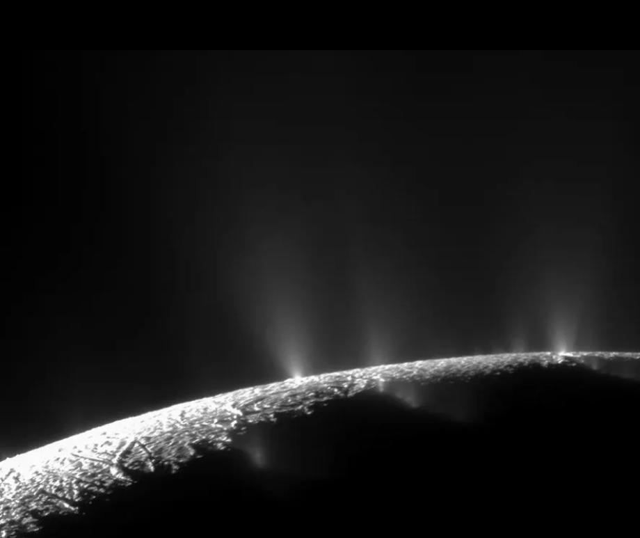 In this image from Cassini, backlighting from the Sun spectacularly illuminates Enceladus' jets of water ice