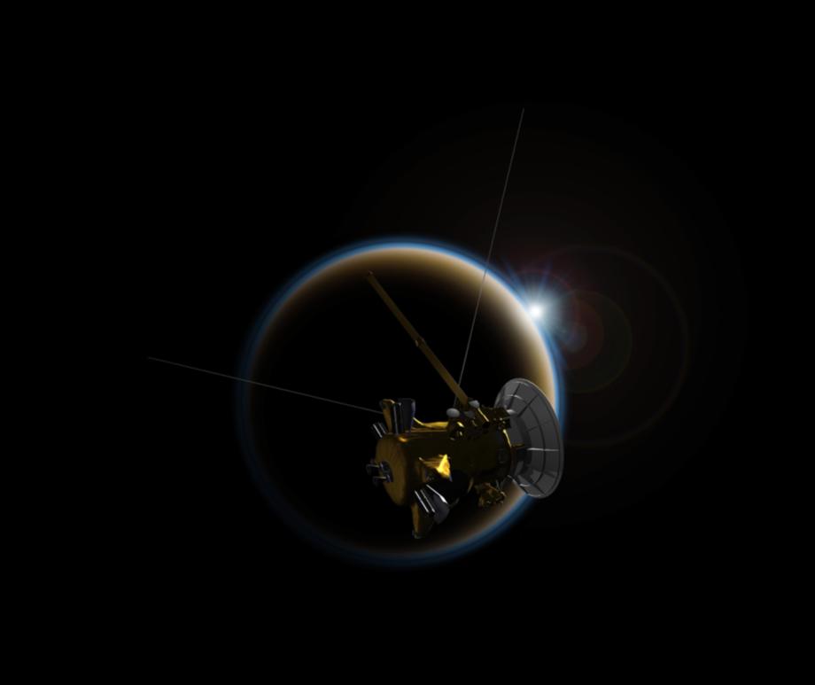 This artist’s concept depicts NASA’s Cassini spacecraft performing one of its many close flybys of Titan, Saturn’s largest moon.