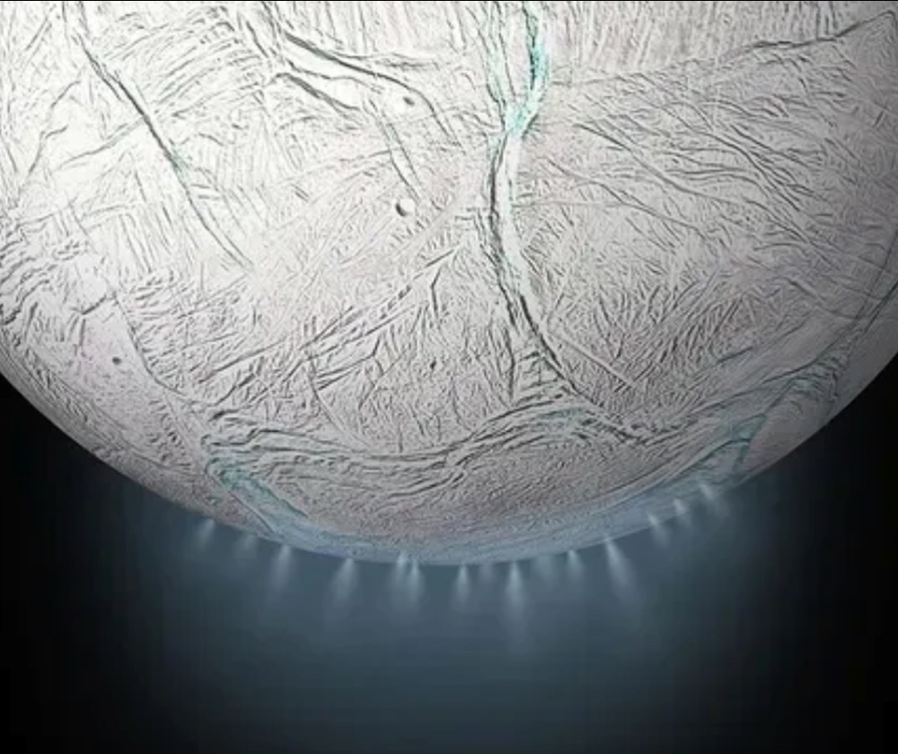 An illustration shows icy plumes blasting out from Saturn’s moon Enceladus