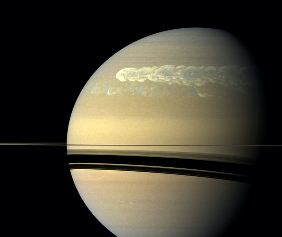 The huge storm of 2010–2011 overtakes itself in this photo made on February 25, 2011, by the Cassini probe