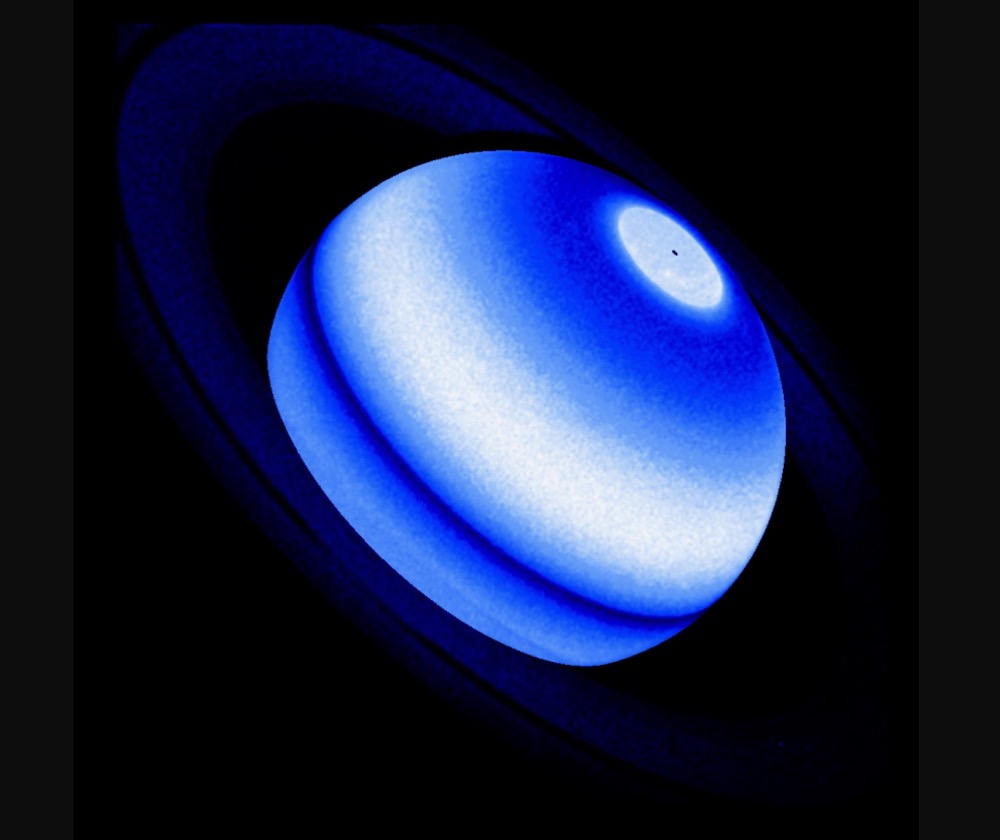 This composite image shows the Saturn Lyman-alpha bulge, an emission from hydrogen that is a persistent and unexpected excess detected by three distinct NASA missions, namely Voyager 1, Cassini, and the Hubble Space Telescope between 1980 and 2017