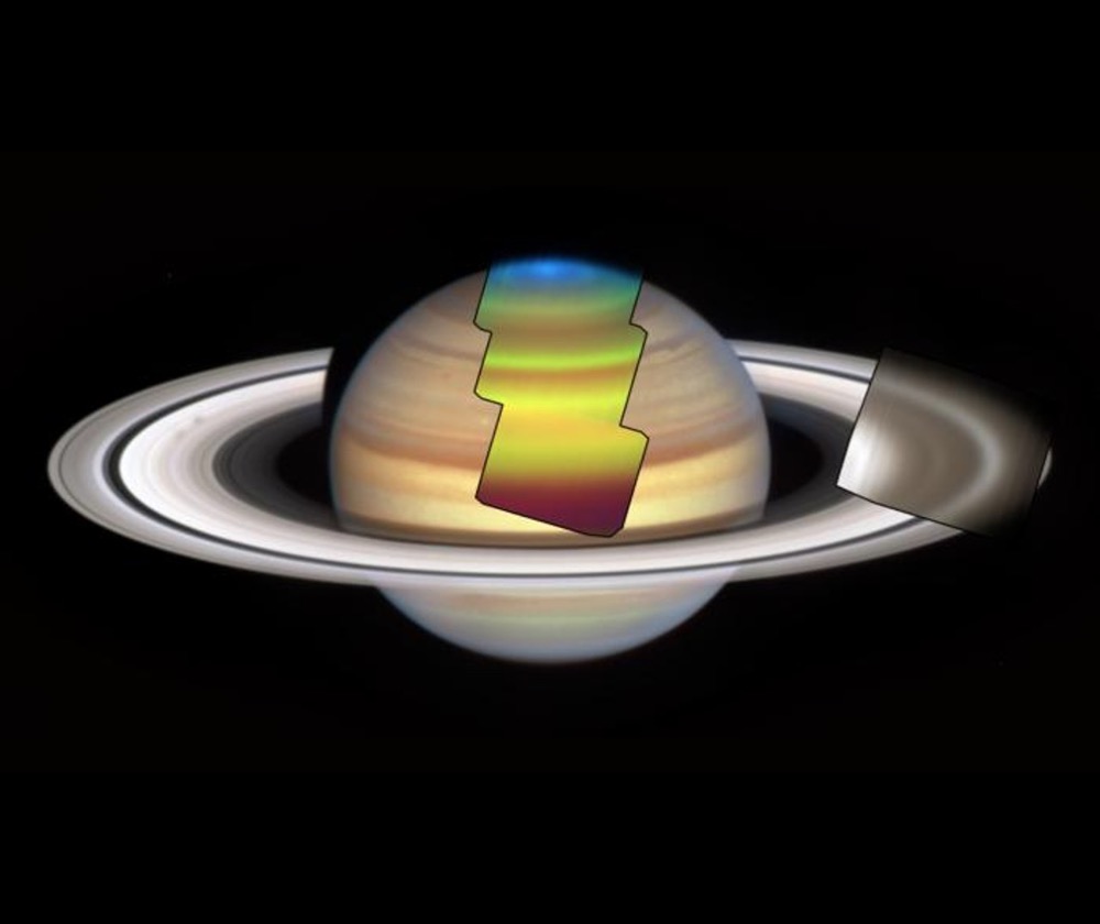 Montage of JWST MIRI/MRS observations of Saturn in November 2022, requiring four tiles to study Saturn's northern hemisphere and rings