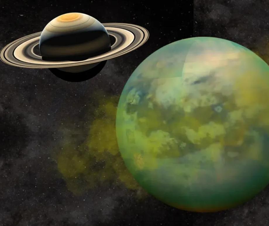 An illustration of Saturn's moon Titan with the gas giant planet in background