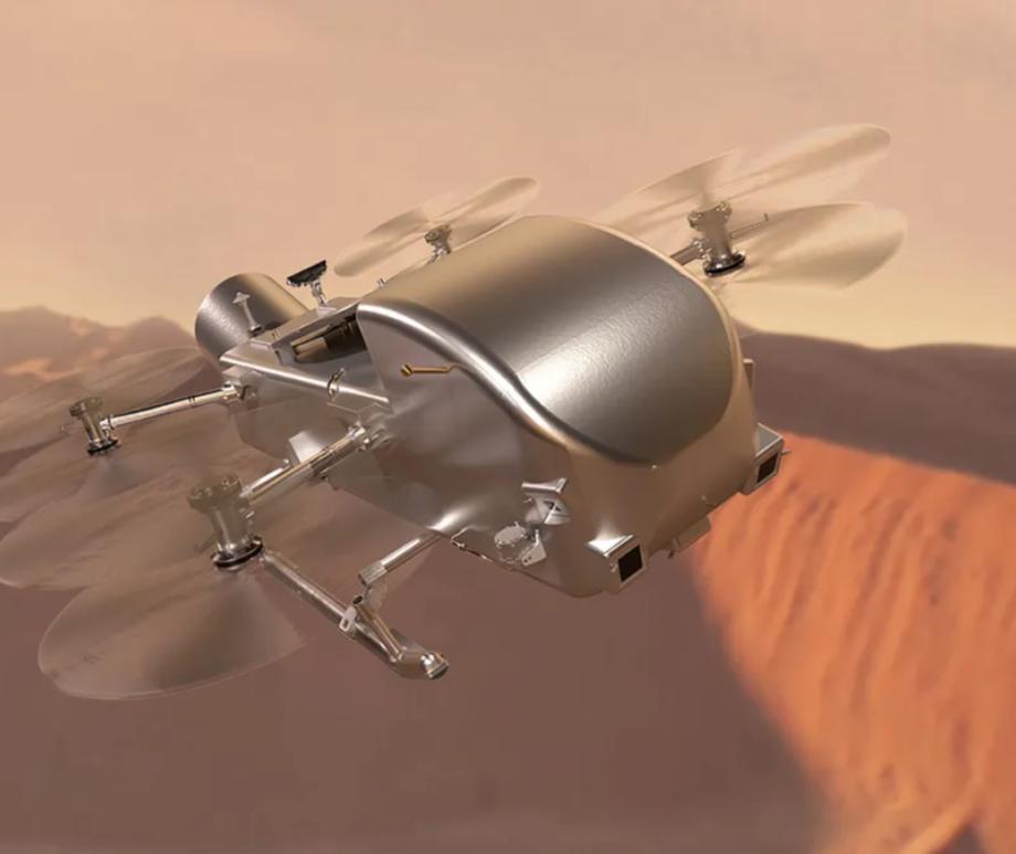 An illustration of NASA's Dragonfly rotorcraft soaring in the skies of Saturn’s largest moon, Titan