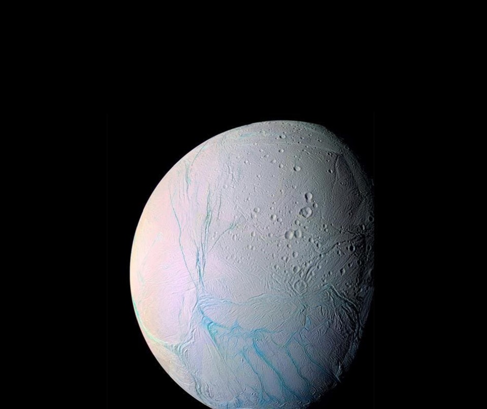 Photograph showing the cracks in Saturn's moon, Enceladus, taken by the Cassini spacecraft