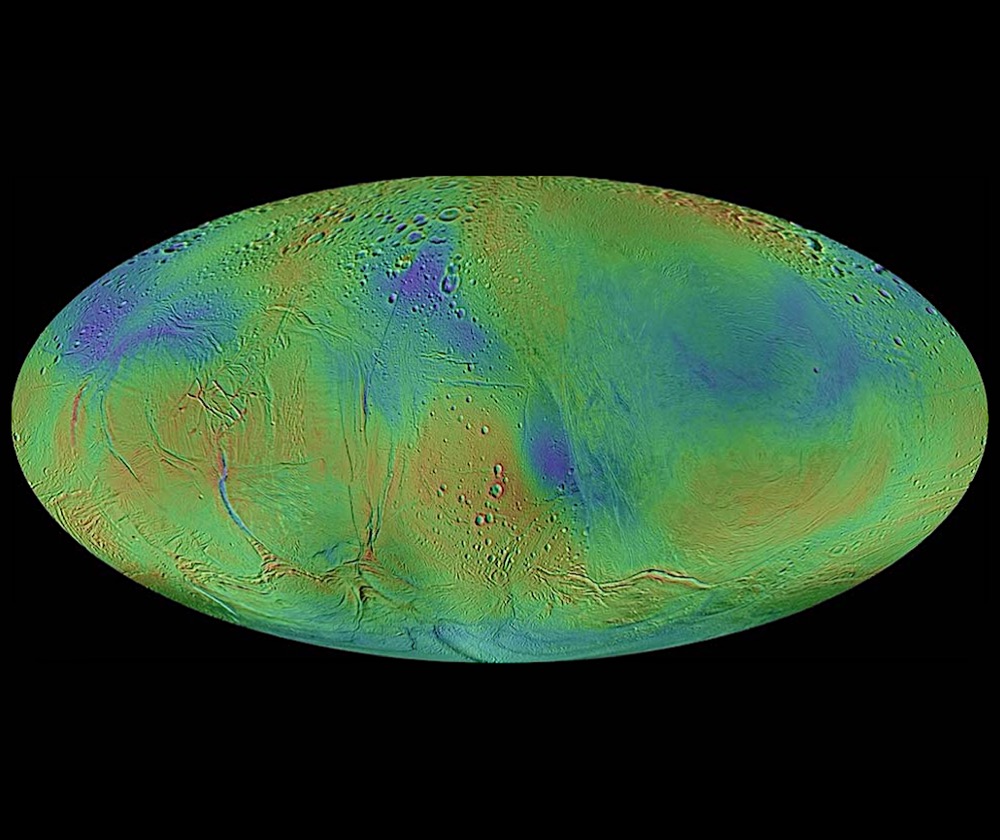 Mollweide map projection of new topographic map of Enceladus. Colors are used to show topographic range, with reds being high and blues being low