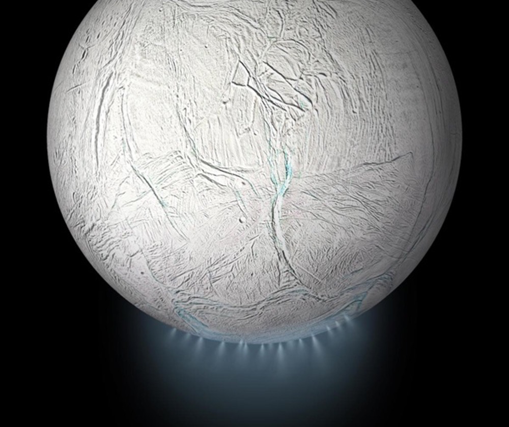 This artist’s concept shows the plumes of ice particles erupting from fractures in the south polar region of Saturn’s moon Enceladus