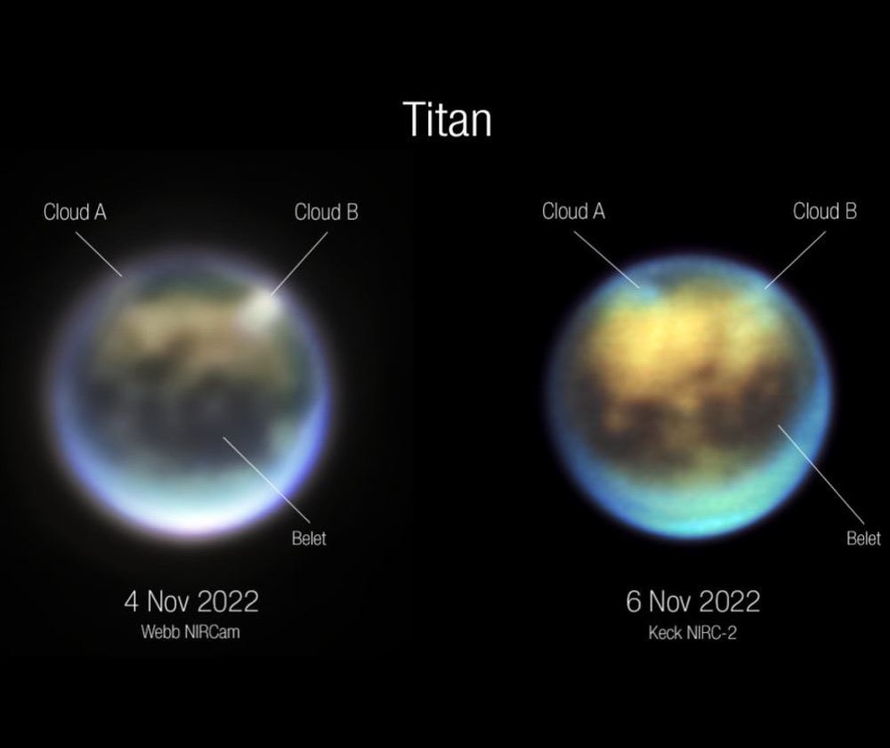 Evolution of clouds on Titan over 30 hours between November 4 and November 6, 2022, as seen by Webb NIRCam (left) and Keck NIRC-2 (right). Credit: SCIENCE: NASA, ESA, CSA, Webb Titan GTO Team IMAGE PROCESSING: Alyssa Pagan (STScI)