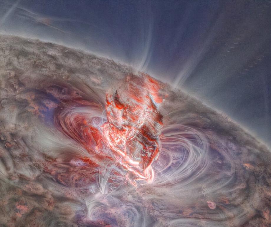 A giant blast of glowing gas erupts from the sun during a solar flare.