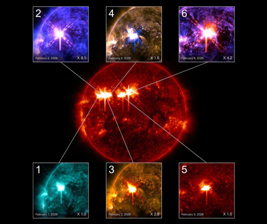 Six solar flares erupted February 1–4, 2026. Credit: NASA