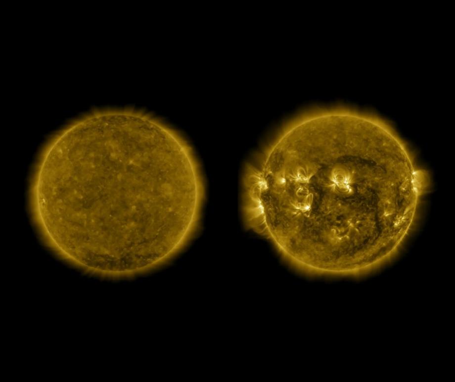 The sun in ultraviolet, as seen by the NASA Solar Dynamics Observatory, during two periods: solar minimum and solar maximum
