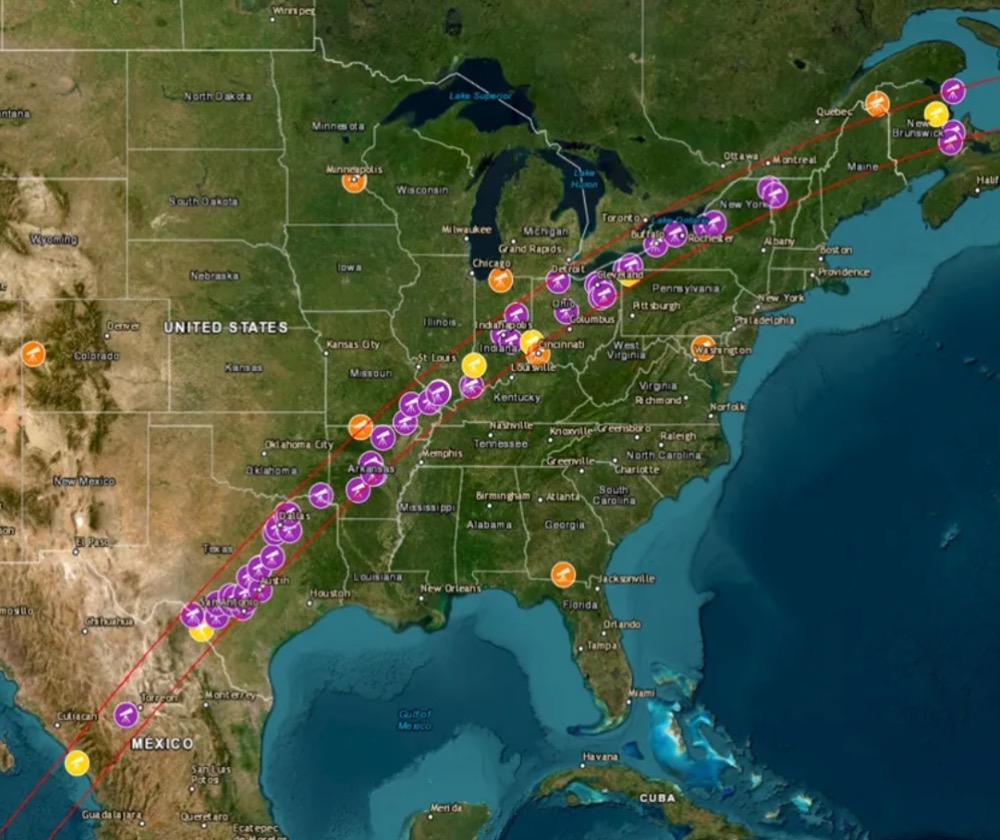 This map shows the locations of the DEB Initiatie teams durin the April 8, 2024, solar eclipse