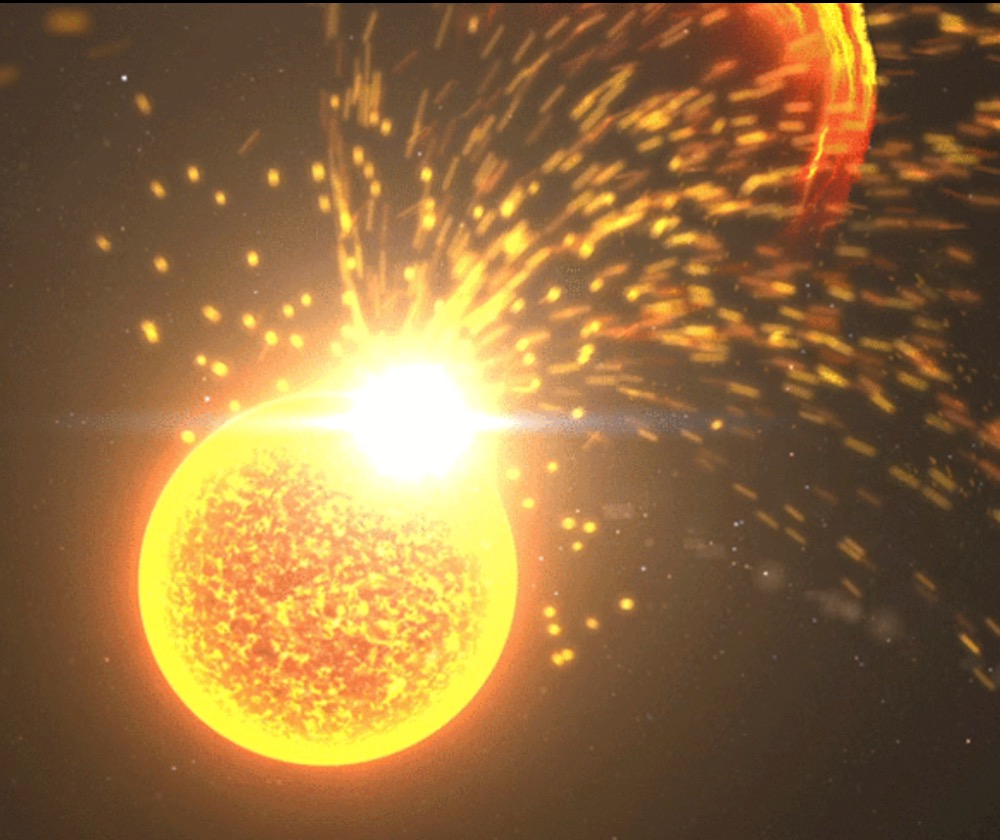 A close up of a solar eruption, including a solar flare, a coronal mass ejection, and a solar energetic particle event