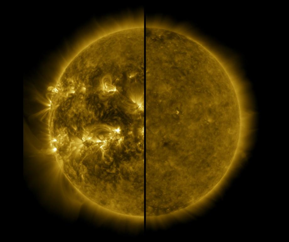 A split image showing an active Sun during solar maximum (on the left, taken in 2014) and a quiet Sun during solar minimum (on the right, taken in 2019).