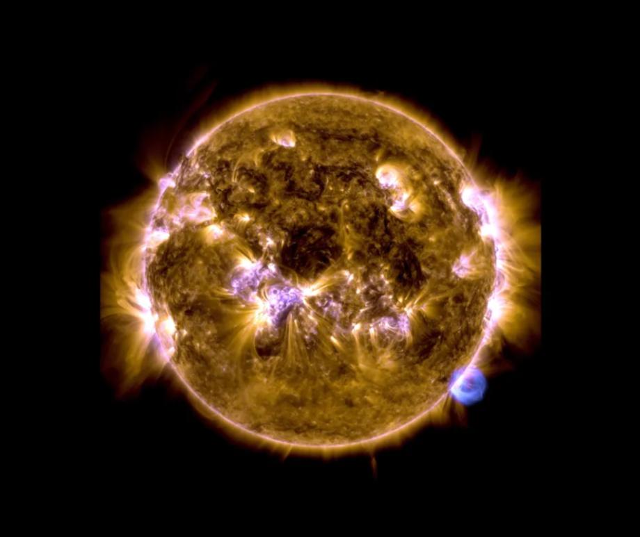 A solar flare erupting from the sun, imaged in extreme ultraviolet light by NASA's Solar Dynamics Observatory on Feb. 9, 2024