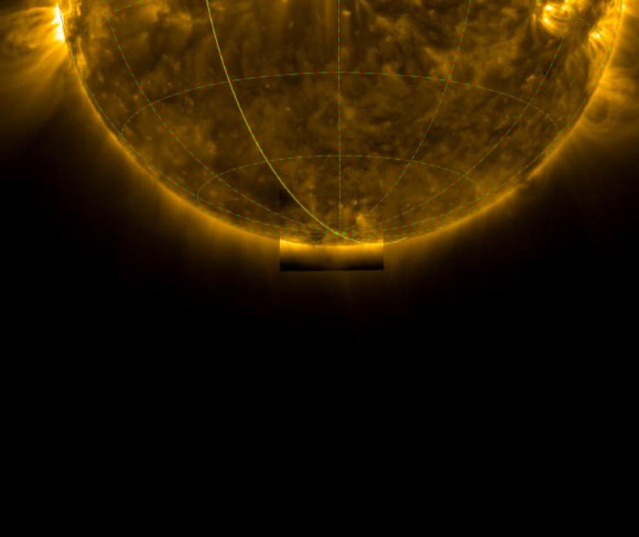 Photograph of the bottom half of the Sun, with a highlighted square region around the Sun’s south pole