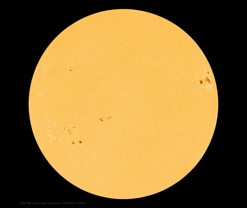 This image from NASA's Solar Dynamics Observatory shows the face of the sun as it appeared on July 3, 2023, dotted with the most sunspots we've seen in over 20 years