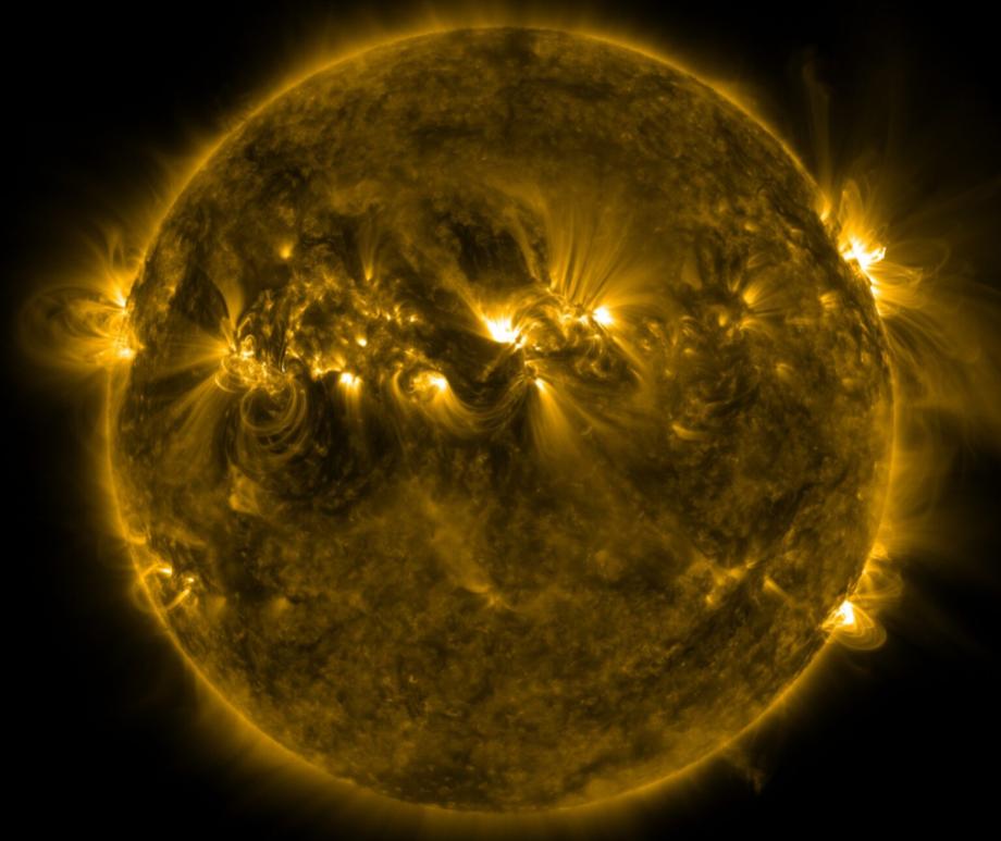 Image of the Sun taken from the Solar Dynamics Observatory satellite, showing the quiet corona and magnetic structures like coronal loops, which trace the intricate patterns of magnetic field lines that emerge from the Sun
