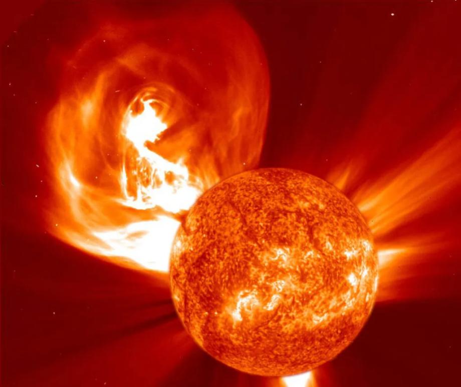 Hybrid image of a coronal mass ejection and the solar chromosphere.