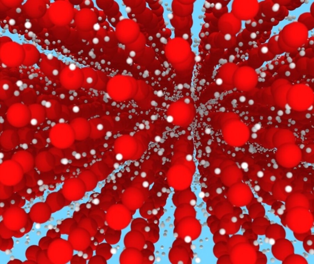 Image from simulation of ice XVIII. Oxygen ions (red) occupy a regular crystal lattice, while protons (white) diffuse like a liquid