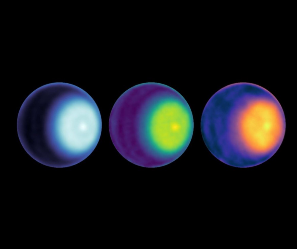 NASA scientists used microwave observations to spot the first polar cyclone on Uranus, seen here as a light-colored dot to the right of center in each image of the planet
