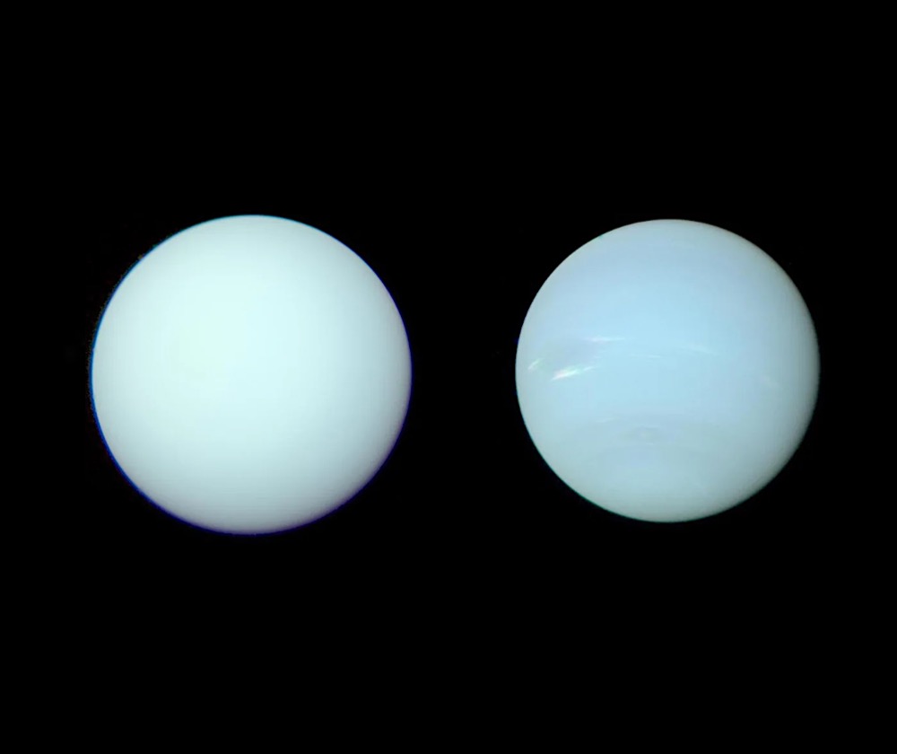 Reprocessed images show the true colors of Uranus (left) and Neptune