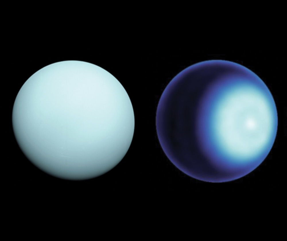 When Voyager 2 flew by Uranus in 1986, it sent back the visible-light photograph, shown here at left, of the planet’s outer layer of methane clouds. Shown at right is a new microwave image with signs of a cyclone at the Uranian north pole