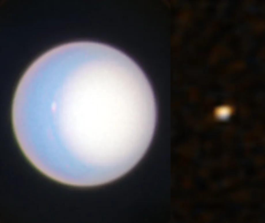 Left: Uranus as seen by the Hubble Space Telescope. Right: The ice giant as seen by the New Horizons Pluto probe.