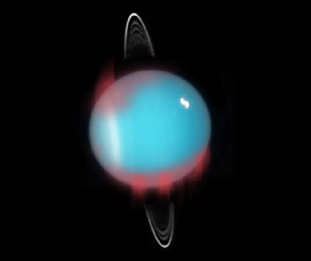 An artist's impression of the newfound infrared aurora superimposed on a Hubble Space Telescope photograph of Uranus