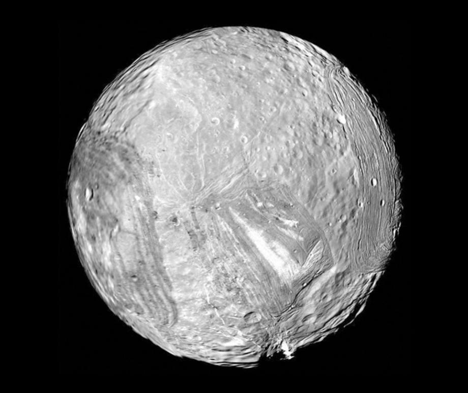 Uranus’ icy moon Miranda, captured by NASA’s Voyager 2 spacecraft on Jan. 24, 1986