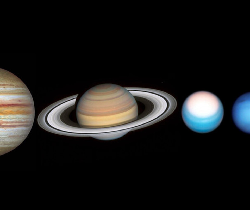 A Hubble Space Telescope “family portrait” taken of (L-R) Jupiter, Saturn, Uranus, and Neptune in late 2021 as part of OPAL: the Outer Planets Atmospheres Legacy program.