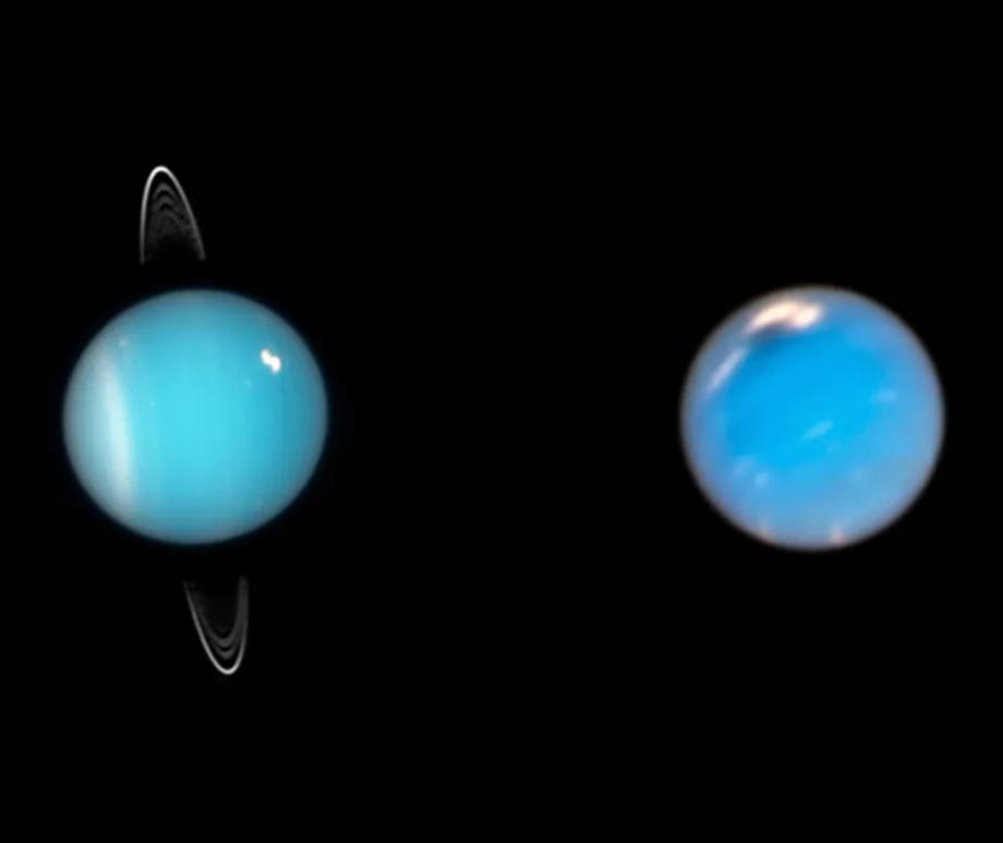 A composite image of Uranus (left) and Neptune from Hubble Space Telescope observations