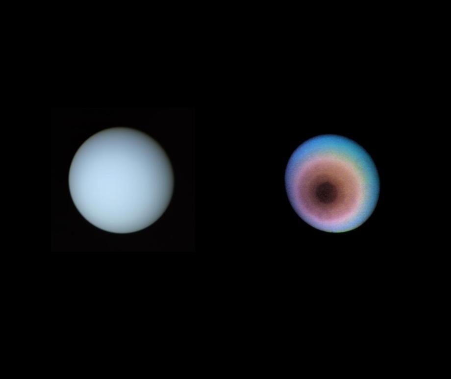The ice giant Uranus is pictured shining against the blackness of space. Its blue surface is marked by lighter clouds and an equatorial band, while a large pale cloud hovers over its polar region.