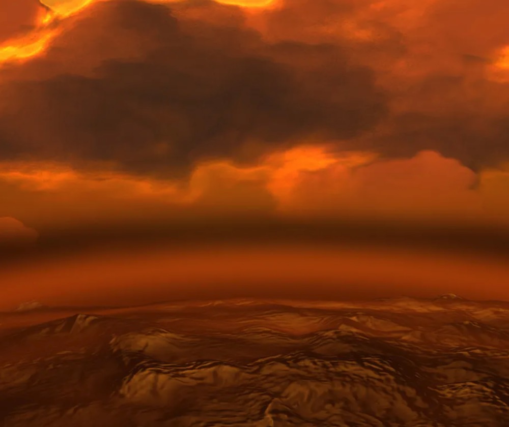An artist’s impression of caustic clouds smothering Venus’ surface