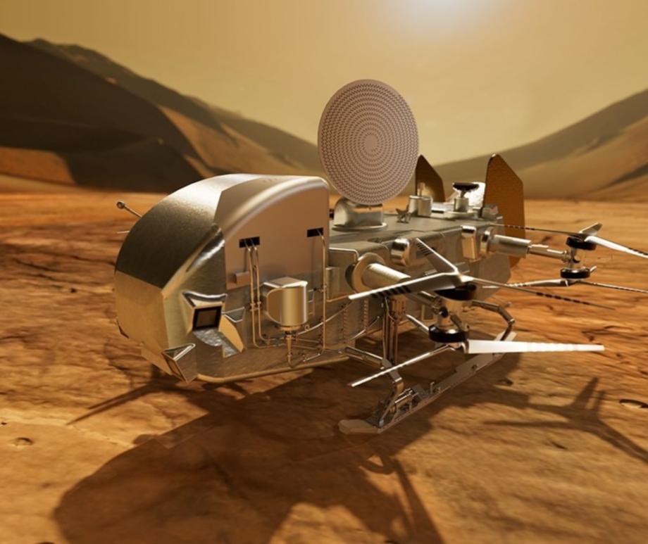 Artist illustration of NASA's Dragonfly rotorcraft