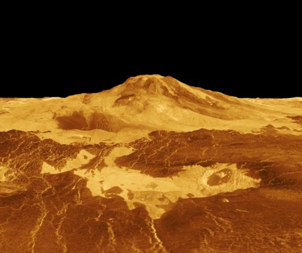 The volcano Maat Mons towers over its surroundings in this rendering based on data from NASA's Magellan probe
