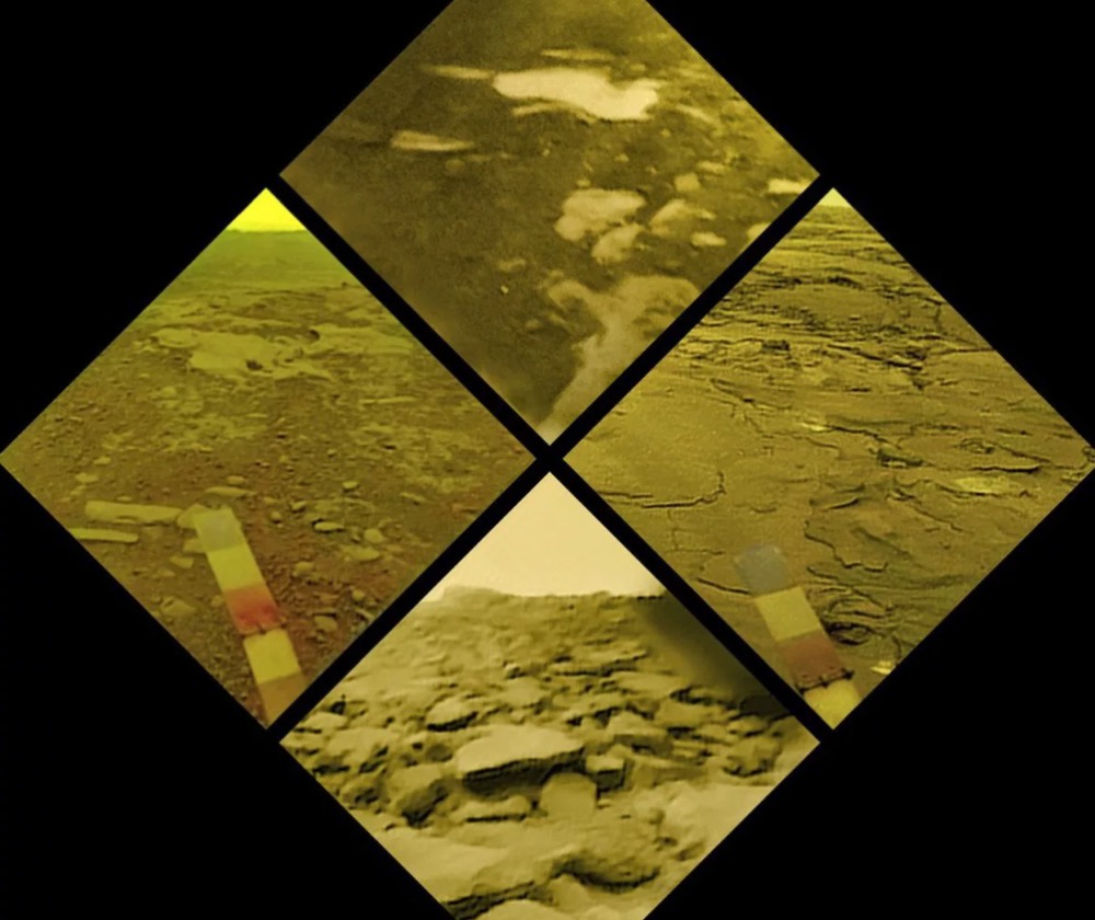 Views of the Venusian surface from the Venera landers. Clockwise from the top: Venera 10, Venera 14, Venera 9, and Venera 13