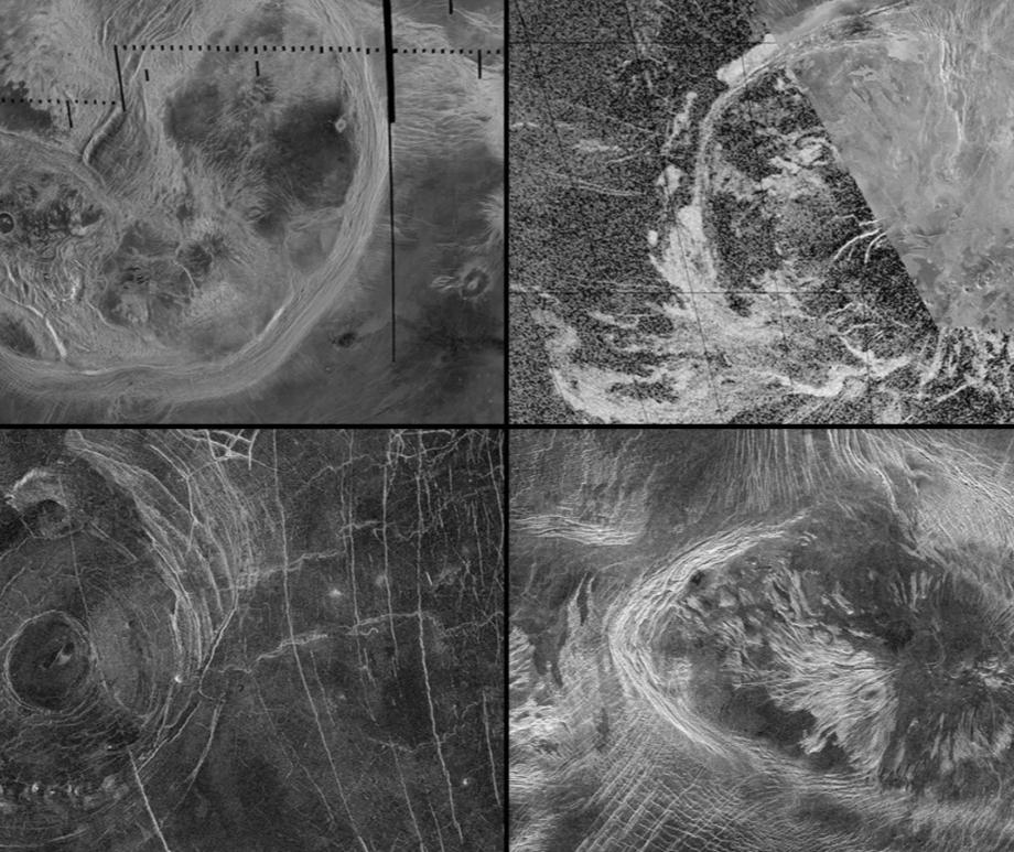 Features on Venus seen by NASA's Magellan mission include, clockwise from top left, Artemis Corona, Quetzalpetlatl Corona, Bahet Corona, and Fotla Corona
